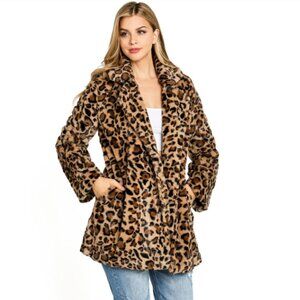 LOVE TREE Leopard Print Faux Fur Coat | Large | Lined Pockets Open Front Fluffy